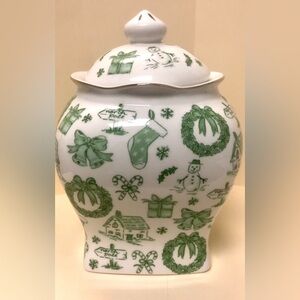 Festive Green and White Ceramic Jar Grace Teaware Christmas Holiday Canister New